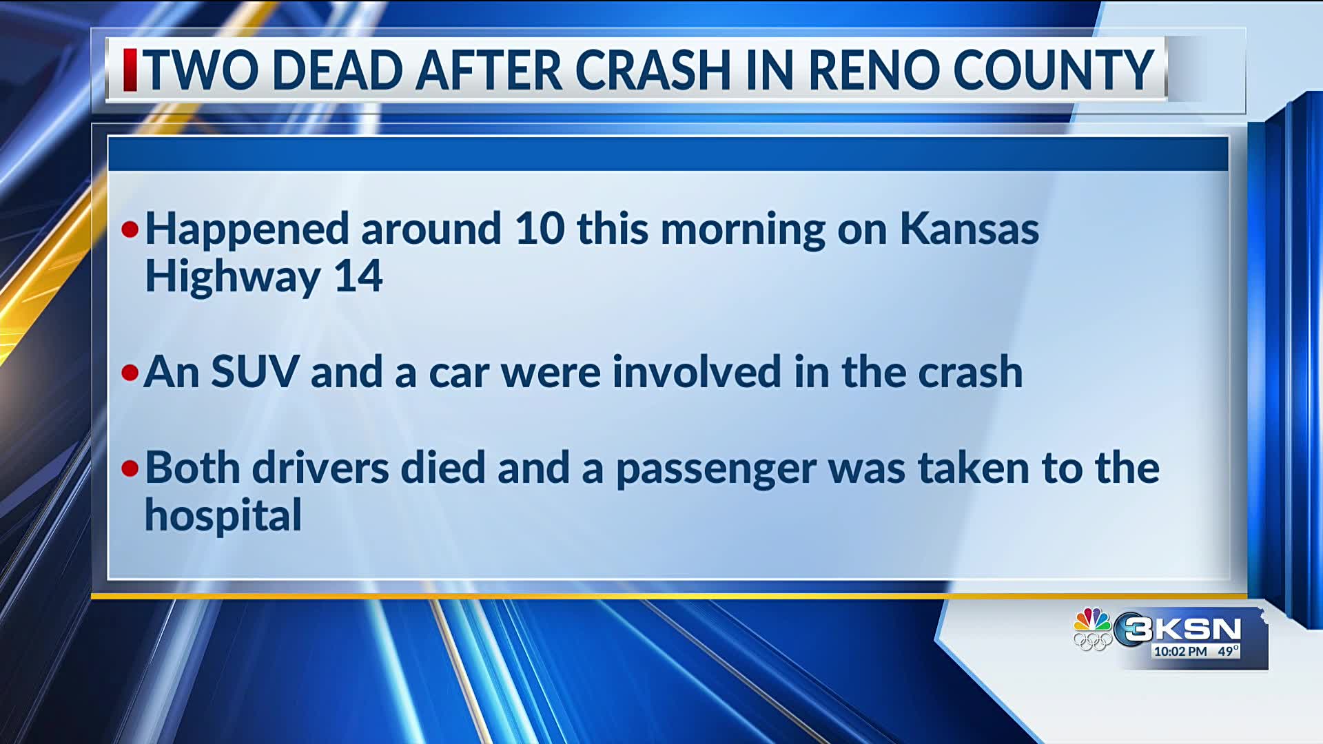 Reno County crash claims two lives; passenger injured – KSN-TV